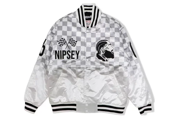 Headgear Classics Nipsey Hussle Silver Satin Varsity Jacket