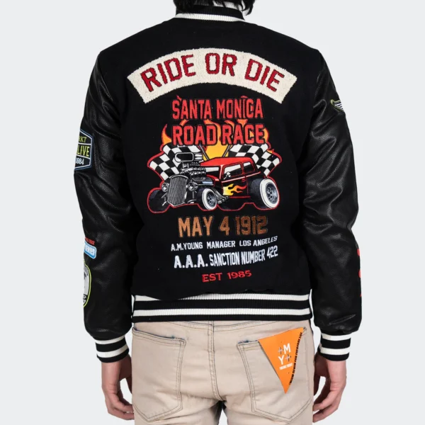 Men’s Ride Or Die Road Race Black Varsity Letterman Jacket 2024