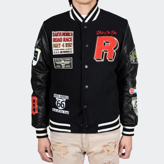 Men’s Ride Or Die Road Race Black Varsity Letterman Jacket