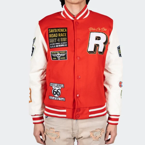 Men’s Ride Or Die Road Race Red Varsity Letterman Jacket