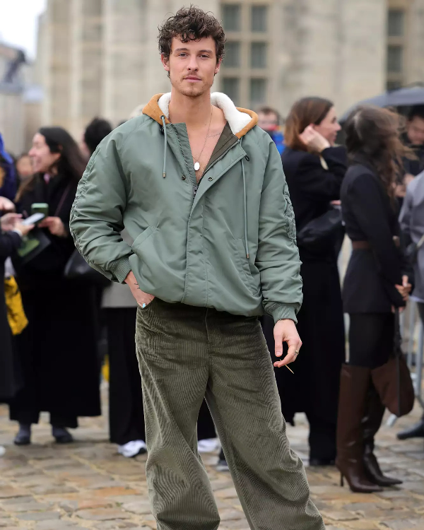 Shawn Mendes the Loewe Show 2024 Green Hooded Bomber Jacket