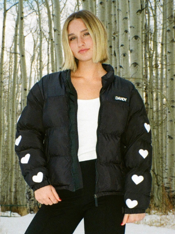 Women Heart Black Puffer Jacket