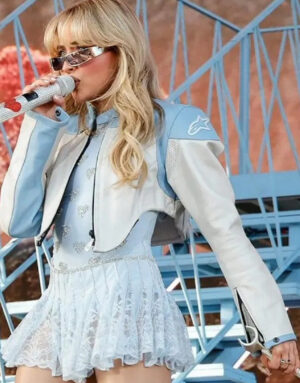 Sabrina Carpenter Moto Baby Blue Leather Jacket