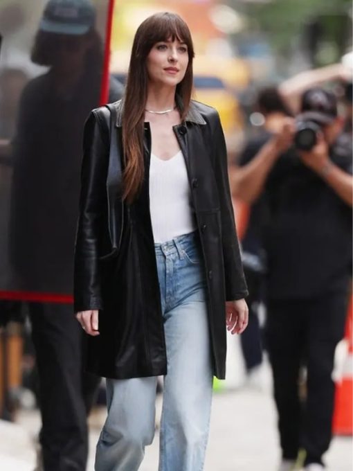 Materialists 2024 Dakota Johnson Black Leather Coat