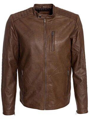 Mens Waxed Sheepskin Fashion Leather Jacket Camel Brown