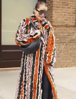 Rita Ora Met Gala Fur Stripes Orange Long Coat