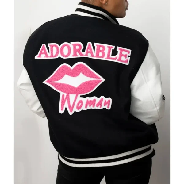 Adorable Woman Black and White Wool/Leather Varsity Jacket