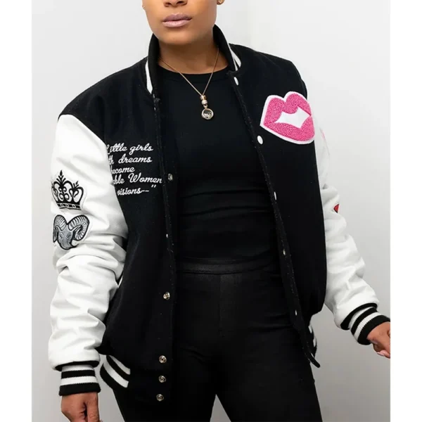 Adorable Woman Black and White Wool/Leather Varsity Jacket