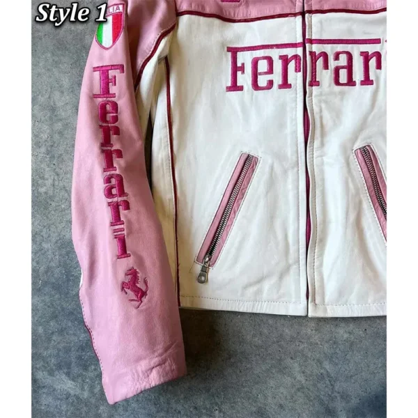 Ferrari Pink and White Racer Full-Zip Leather Jacket