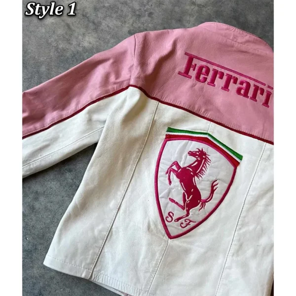 Ferrari Pink and White Racer Full-Zip Leather Jacket