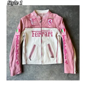 Ferrari Pink and White Racer Full-Zip Leather Jacket