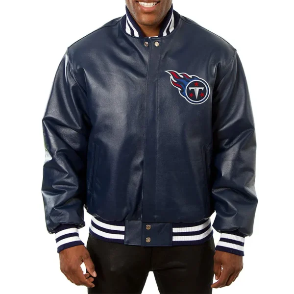 Tennessee Titans Varsity Full-Snap Navy Leather Jacket