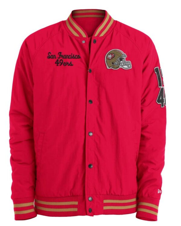 49ers Red Nylon Full Snap Button Varsity Jacket