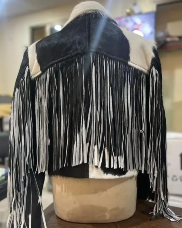 Cowhide Black And White Fringe Leather Jacket