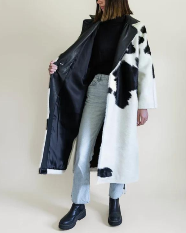 Cowhide Black And White Leather Trench Coa