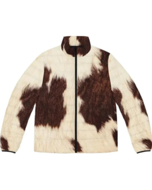 Cowhide Fur Brown And White Print Puffer Jacket