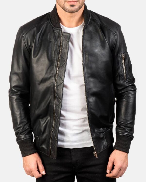 Men's Bomia Ma-1 Black Leather Bomber Jacket