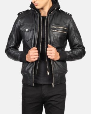 Men's Bravado Black Hooded Leather Bomber Jacket