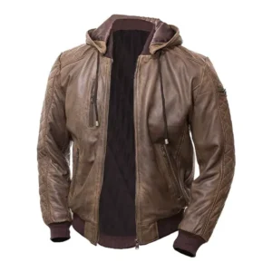 Men’s Brown Leather Hooded Jacket