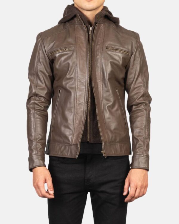 Men's Hector Brown Hooded Leather Biker Jacket