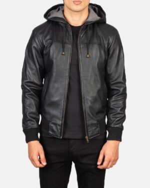 Men's Nintenzo Black Hooded Leather Bomber Jacket