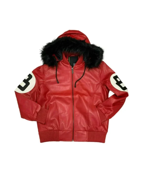 8 Ball Red Leather Hooded Jacket