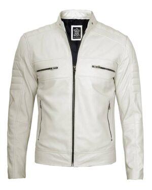 Austin Men Cafe Racer Off White Real Leather Jacket