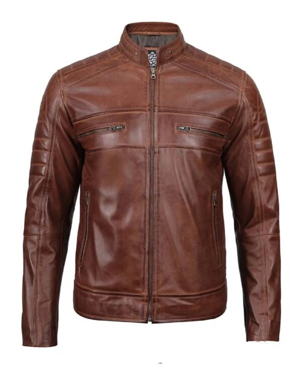 Austin Men Premuim Cafe Racer Cognac Leather Jacket