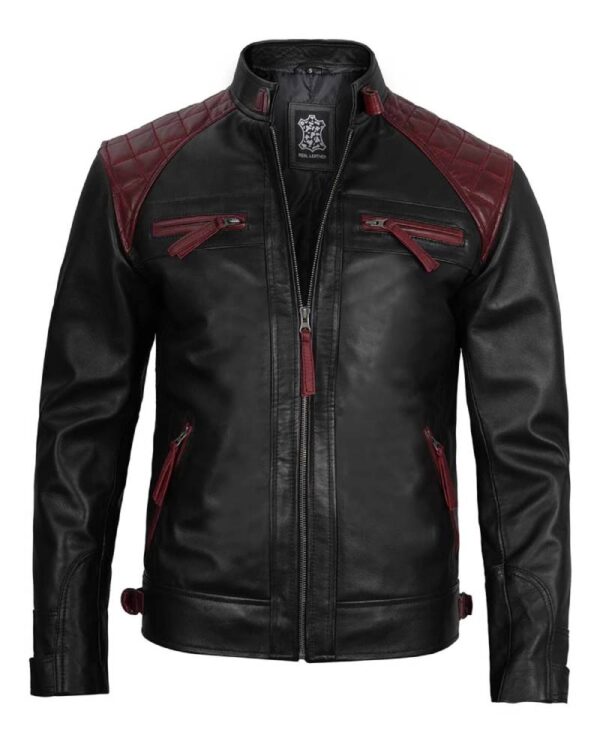 Black and Maroon Quilted Cafe Racer Men's Leather Jacket