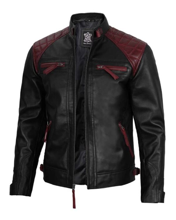 Black and Maroon Quilted Cafe Racer Men's Leather Jacket