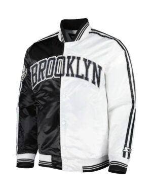 Brooklyn Nets Starter Fast Break Black & White Satin Varsity Jacket