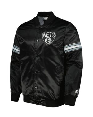 Brooklyn Nets Starter Pick & Roll Full-Snap Black Satin Varsity Jacket