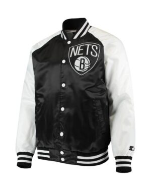 Brooklyn Nets Starter Point Guard Full-Snap Black & White Satin Varsity Jacket