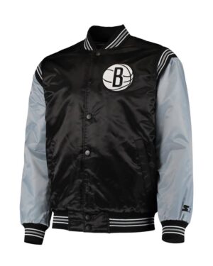 Brooklyn Nets Starter The Enforcer Black & Gray Satin Varsity Jacket