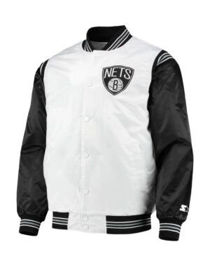 Brooklyn Nets Starter White & Black Satin Varsity Jacket