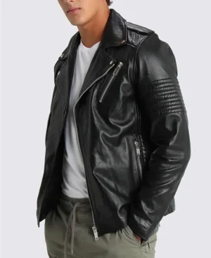 Bryon Black Asymmetrical Belted Biker Leather Jacket