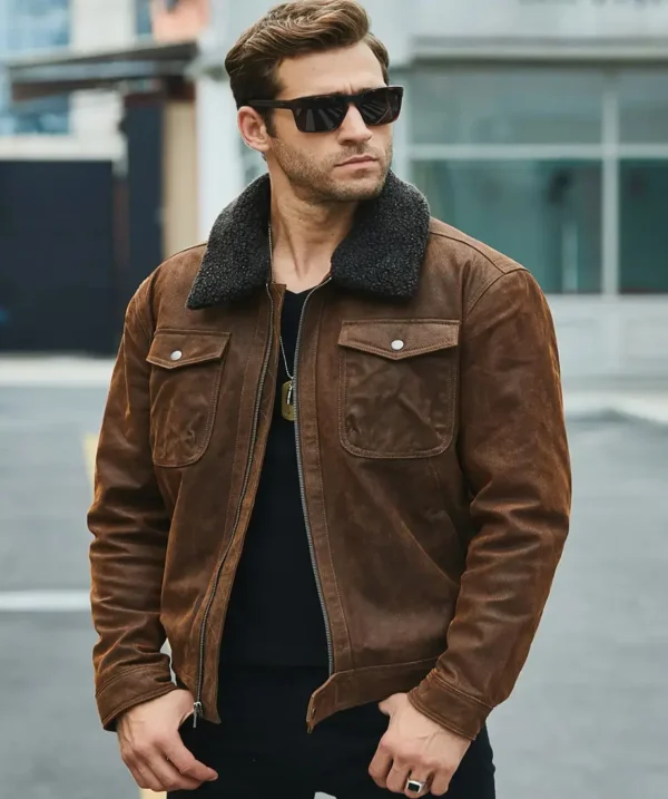 Chris Men’s Real Brown Leather Jacket Removable Fur Collar