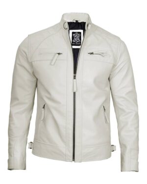 Classic Men's Off White Real Leather Cafe Racer Biker Jacket