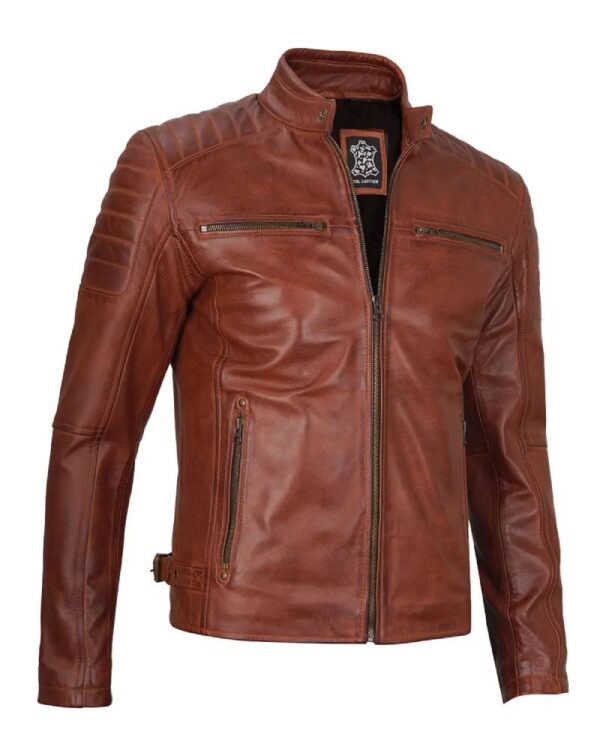 Cognac Brown Cafe Racer Leather Jacket for Men