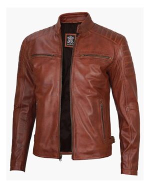 Cognac Brown Cafe Racer Leather Jacket for Men