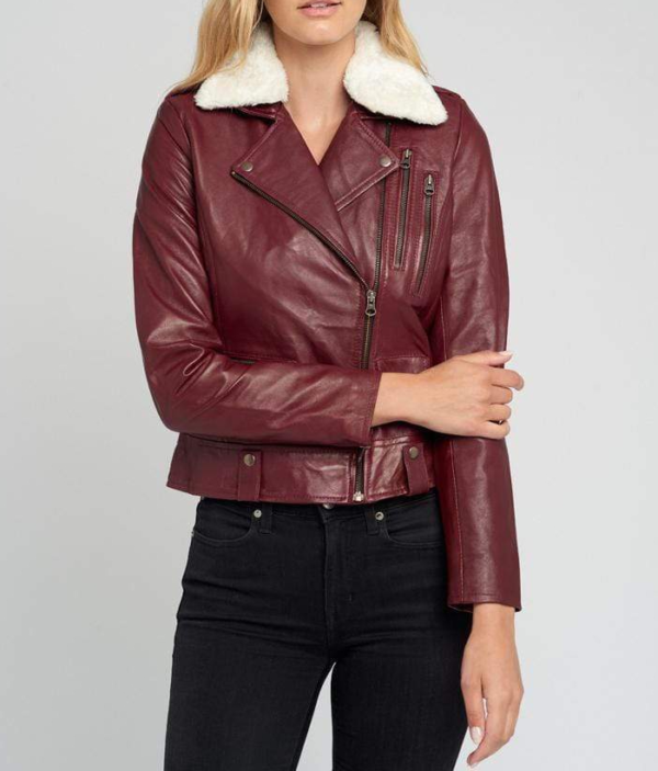 Womens Shearling Fur Collared Maroon Biker Leather Jacket