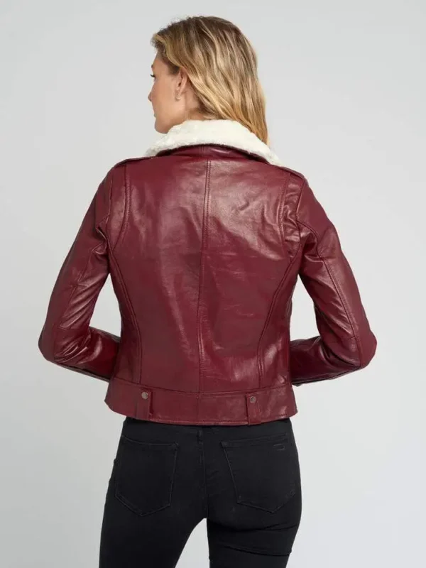 Womens Shearling Fur Collared Maroon Biker Leather Jacket