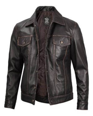 Dark Brown Trucker Leather Jacket Men's