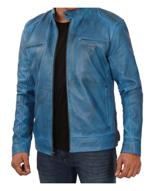 Dodge Cafe Racer Blue Leather Jacket Men