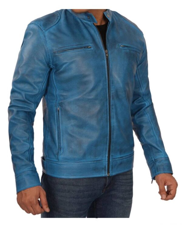 Dodge Cafe Racer Blue Leather Jacket Men