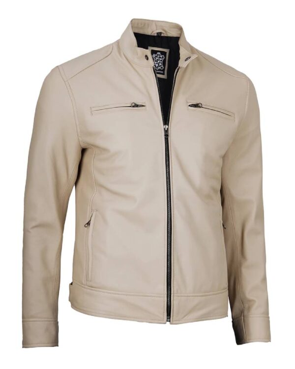 Dodge Men's Beige Leather Cafe Racer Jacket