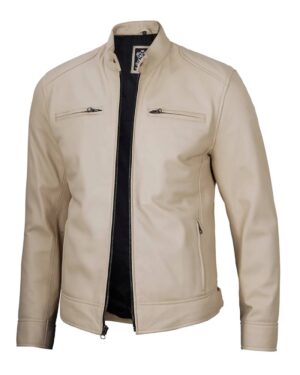 Dodge Men's Beige Leather Cafe Racer Jacket