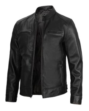 Dodge Men's Black Leather Cafe Racer Jacket - Biker Jacket