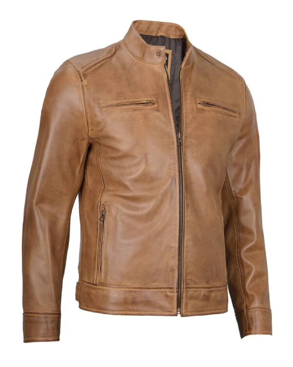 Dodge Men's Camel Leather Cafe Racer Jacket