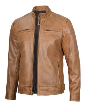 Dodge Men's Camel Leather Cafe Racer Jacket